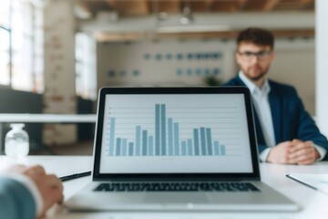 In a focused business meeting centered on retirement planning and financial literacy, a man in a suit smiles while analyzing data charts displayed on a laptop in the foreground.