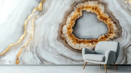 Elegant living room design featuring a striking agate stone wall accent with grey and gold tones, complemented by a stylish modern armchair for a chic aesthetic