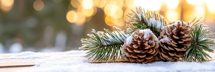 pinecones on wood tabletop in winter snow