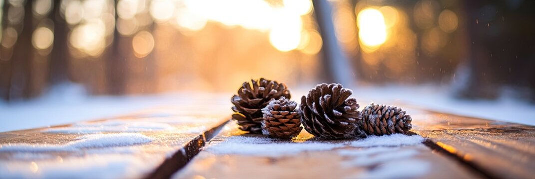 pinecones on wood tabletop in winter snow