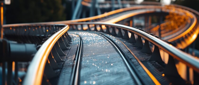 Warm lights twinkle along deserted amusement park tracks, evoking nostalgia and the promise of thrilling roller coaster rides.
