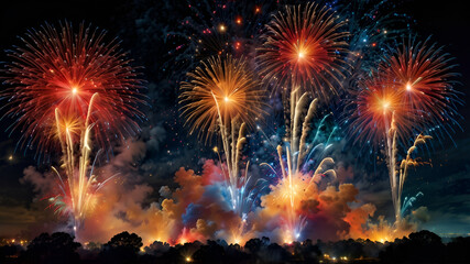 A mesmerizing display of radiant fireworks, each bursting a symphony of color and light against the night sky. The vibrant explosions paint the heavens with red, blue, and gold streaks.