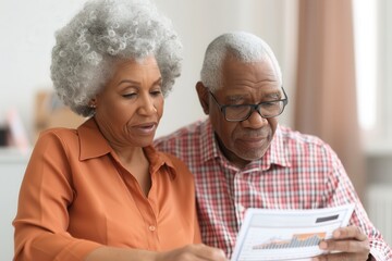 A senior couple reviews financial documents together with a smile, highlighting their collaboration and focus on retirement planning in a cozy home environment.