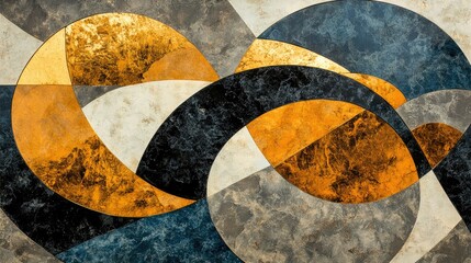 Abstract geometric composition featuring circular shapes with a mix of warm gold, deep black, and cool gray tones, showcasing modern art aesthetics for contemporary design projects.