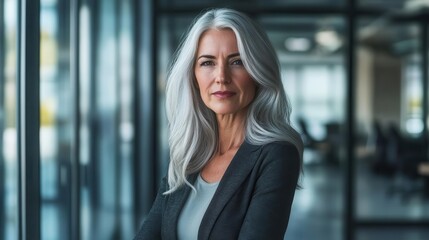 confident senior businesswoman with silver hair exudes leadership in a modern corporate office, radiating success and experience as she gazes directly at the viewer