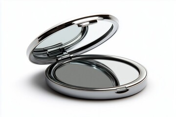 Fototapeta premium Round compact mirror with reflective metal surface, open view