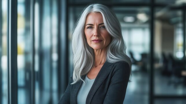 confident senior businesswoman with silver hair exudes leadership in a modern corporate office, radiating success and experience as she gazes directly at the viewer