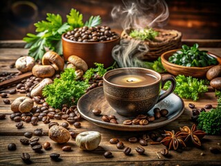 Earthy Mushroom Coffee Delight: A Rich Cup Surrounded by Fresh Ingredients for Natural Vibes