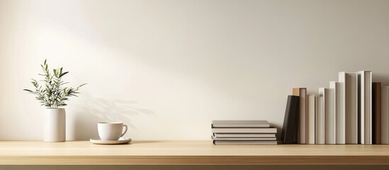 Wooden desk white wall background there is Front view workspace