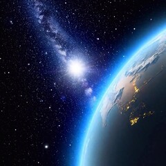 Obraz premium A high-resolution ultrarealistic image of a cosmic sunrise over a planetary horizon, possibly Earth, captured from space. The digital artwork showcases the planet half-illuminated by a radiant, white-