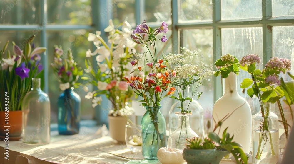 Poster an elegant flower arranging setup in a bright conservatory, flowers and vases neatly placed, artisti