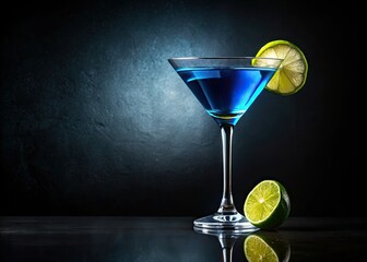 Elegant Minimalist Martini Glass with Vibrant Blue Cocktail and Lime Twist Against Dark Background