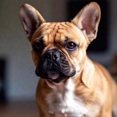 Fototapeta premium A portrait of a small French bulldog puppy with a wrinkled nose and large, floppy ears, captured in a deep focus close-up, highlighting its unique facial features