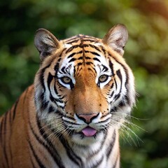 Obraz premium close-up of a tiger licking its paw, the detailed texture of its tongue and fur in sharp focus while its body and the surrounding forest softly fade out of focus in the background