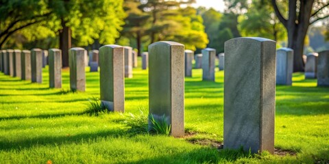 Row of Stone Tombstones in a Serene Public Cemetery with Green Grass