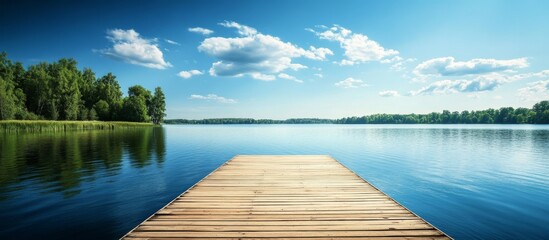 Beautiful landscape lake wooden pier extending into water pontoon