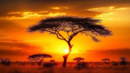 Obraz premium Beautiful landscape photograph lone acacia tree savanna center Sunset on African plains