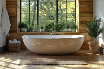 Fototapeta premium salle de bain, douche, baignoire, vasque, cocooning, intérieur 3D réaliste, HDR, photographie immobilière, décoration, tendance, architecte, design, mode, élégant, fonctionnel, chaleureux
