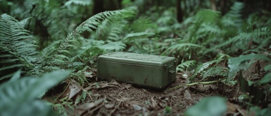 Obraz premium A weathered metal box lies in a lush forest, surrounded by vibrant green ferns, exuding an aura of mystery and adventure.