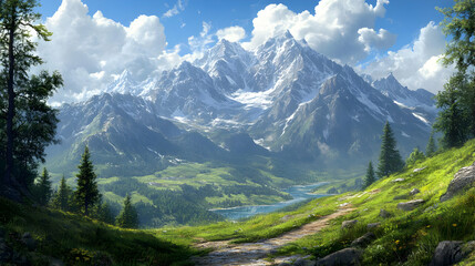 Fototapeta premium Illustration Majestic Mountain Landscape with River Valley