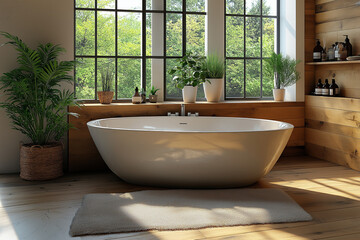 Fototapeta premium salle de bain, douche, baignoire, vasque, cocooning, intérieur 3D réaliste, HDR, photographie immobilière, décoration, tendance, architecte, design, mode, élégant, fonctionnel, chaleureux