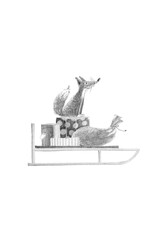Little Fox on Sled with Presents. Christmas Hand Drawn Illustration  Isolated on White
