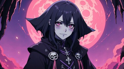 Close-up of a necromancer on an aesthetic hellish underworld anime background