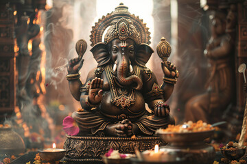 Fototapeta premium Beautiful greeting card with bright holiday composition for happy celebrate Ganesh Chaturthi