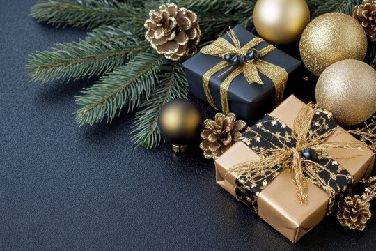 Elegant black and gold presents with festive baubles and pinecones arranged on dark background, creating luxurious holiday atmosphere