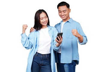 Asian man and woman using phone isolated transparent