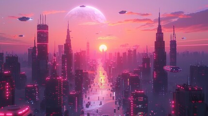 Obraz premium A futuristic cityscape at sunset with flying cars and a large pink moon in the sky.