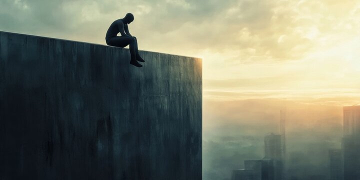 A figure sitting on the edge of a building, looking down with a sense of vulnerability and apprehension