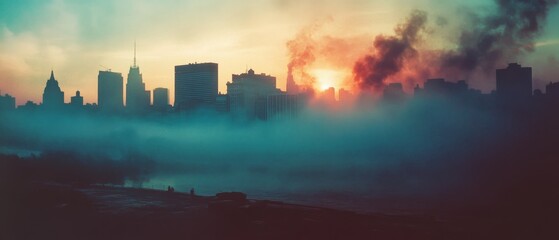 Fototapeta premium The sun sets behind a smoky urban skyline, blending fiery hues with cool mist to create a dramatic cityscape.