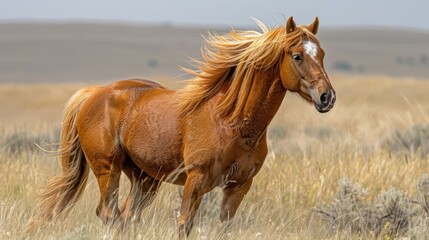 Obraz premium A wild horse with a flowing mane stands in a grassy field.