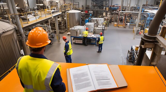 Workers in safety gear inspecting machinery in an industrial facility.