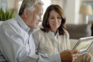 Retirement Planning and Financial LiteracyA senior couple engages with a tablet, sharing a moment of connection and technology in a cozy, well-lit environment.