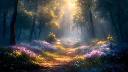 Fototapeta premium Illustration - Enchanted Forest Path Golden Sunlight Wildflowers