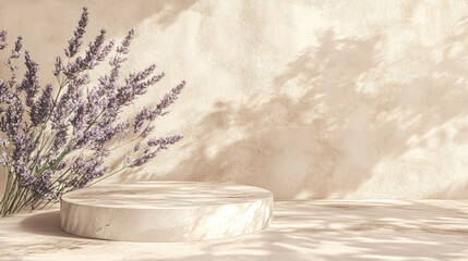 soft beige scene featuring classic marble podium surrounded by lavender flowers, creating serene and elegant atmosphere