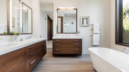 Luxurious Bathroom with Double Vanity, Bathtub, and Hardwood Floors