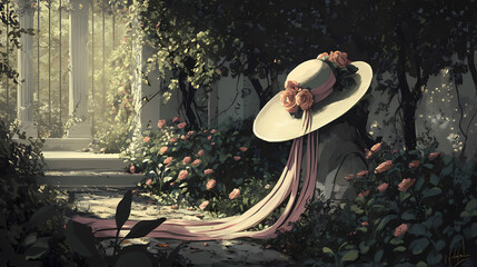 Regal garden affair: a wide-brimmed hat adorned with cascading silk ribbons, set amidst the elegance of a formal garden. Exquisite. Illustration