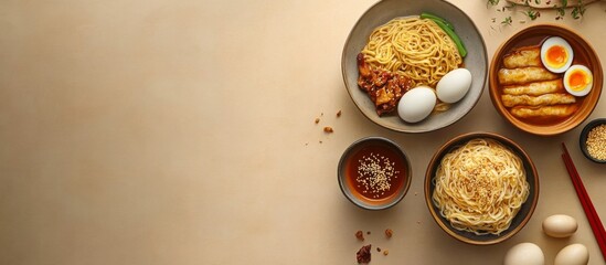 Flat lay various Asian food items arranged beige Gyeongdan rice cake