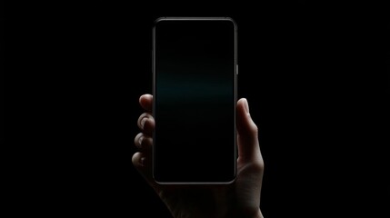 Hand holding smartphone black screen is positioned way Silhouetted male holds