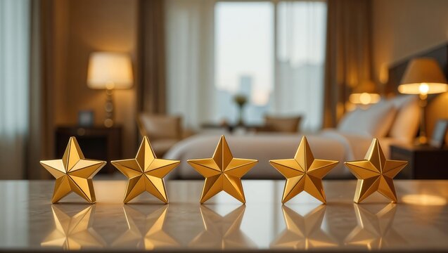 Five gold stars sit on a table in a luxury hotel room, with a blurred background of the hotel room. Concept of five-star hotel luxury.