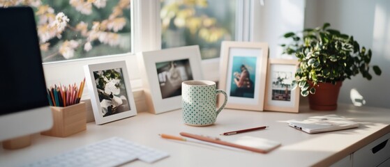 Cozy desk by a window adorned with photographs, a potted plant, and a patterned mug, capturing a personal touch of warmth and fond memories.