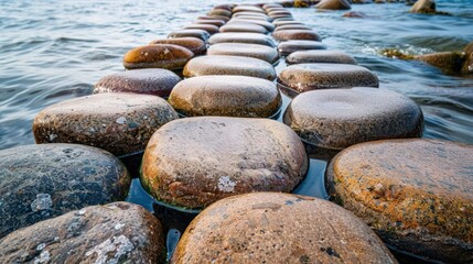 A path of smooth, rounded stones leading out to sea, partially submerged in the water.
