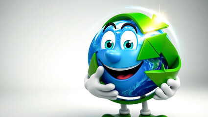 Cute funny happy character earth with recycling symbol