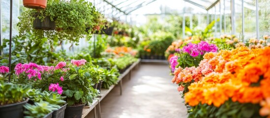 Obraz premium Long row potted plants greenhouse are arranged neat Exotic in pots