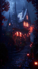 Illustration - Gothic House, Rainy Night, Red Leaves
