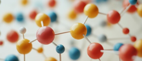 Obraz premium Close-up of colorful molecule models connected intricately, symbolizing scientific creativity and microscopic wonders.