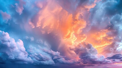 A breathtaking sunset sky with a vibrant mix of pink, orange, and blue clouds.
